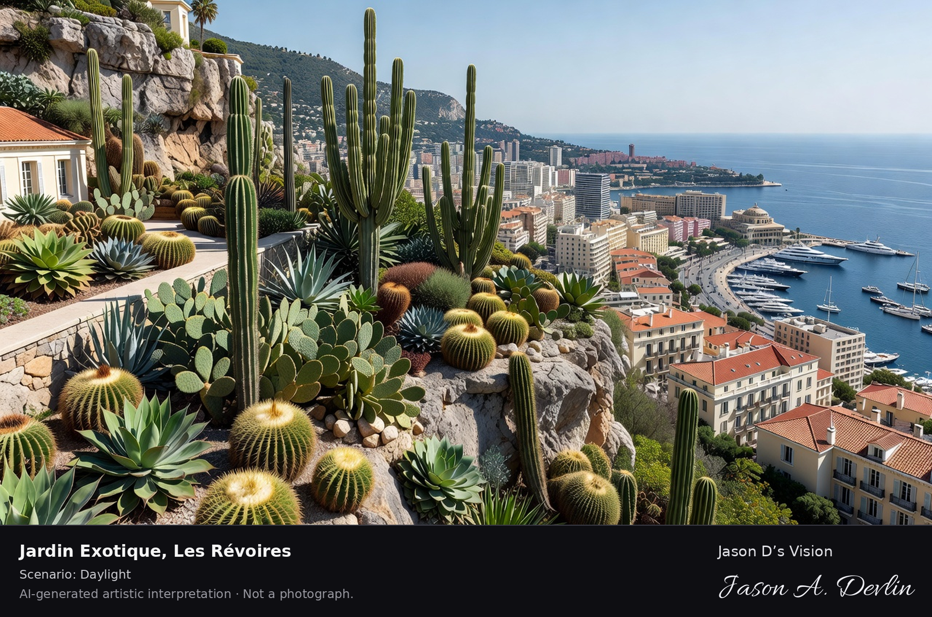 AI-generated artistic interpretation of Jardin Exotique, Les Révoires, Monaco.